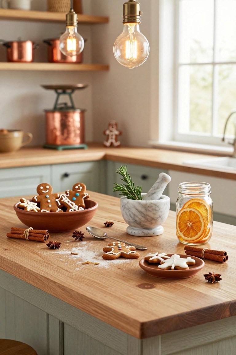 Kitchen counter with gingerbread cookies in a terracotta bowl, scattered cinnamon sticks, star anise, and flour dust, plus a marble mortar with rosemary, orange slices in a jar, wooden spoon, and small plate of more cookies, against green cabinets and copper pots on shelves.