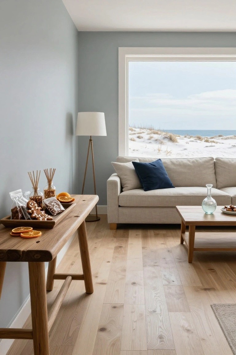 Light gray living room interior with a wooden bench holding gingerbread cookies, orange slices, reed diffusers in glass jars, and bags of treats; beige sofa on wooden floor, floor lamp, coffee table with vase, large window showing snowy beach and ocean.