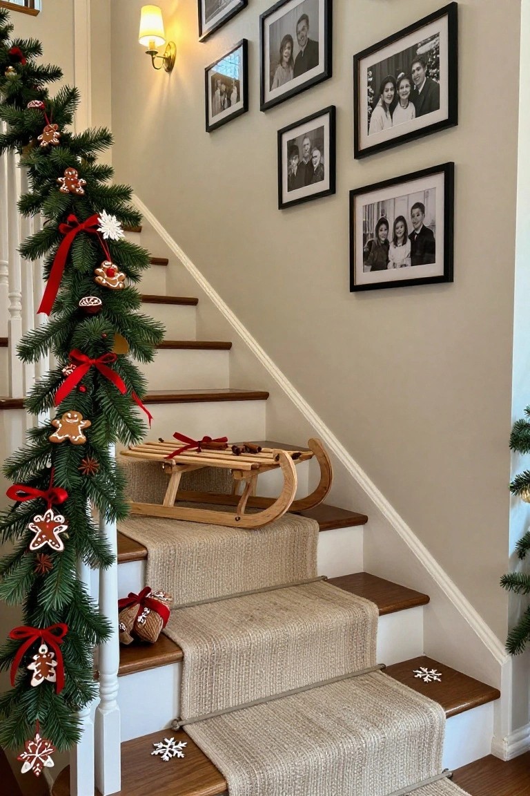 Wooden staircase with a holiday garland of gingerbread cookie ornaments, evergreen branches, and red ribbons draped along the banister, a wooden sled at the base, and black-framed family photos on the beige wall.