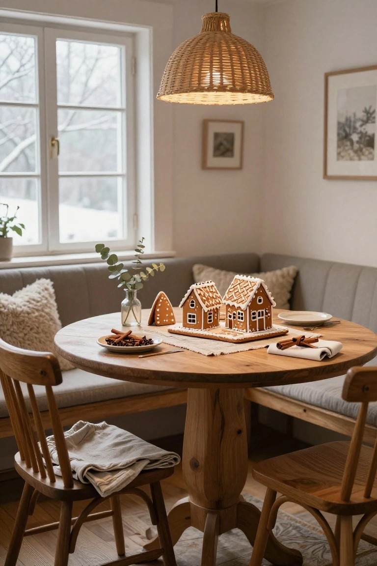 Wooden round dining table in a cozy interior nook with two gingerbread houses as centerpiece on a board, cinnamon sticks, a plate of spices, wooden chairs, gray bench seating, potted plant, and window with snowy outdoor view.