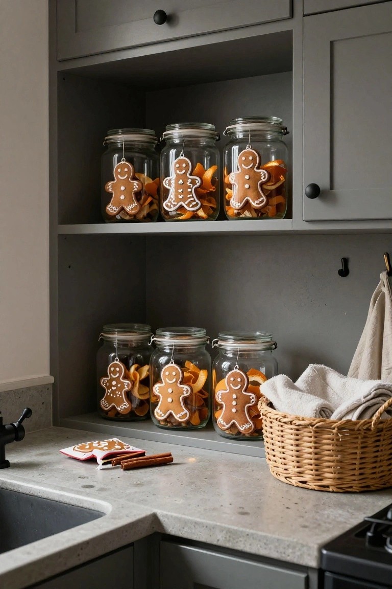Gray kitchen open shelves and quartz countertop displaying glass jars filled with dried orange slices and decorated with gingerbread cookie cutouts, cinnamon sticks, and a linen towel in a wicker basket nearby.