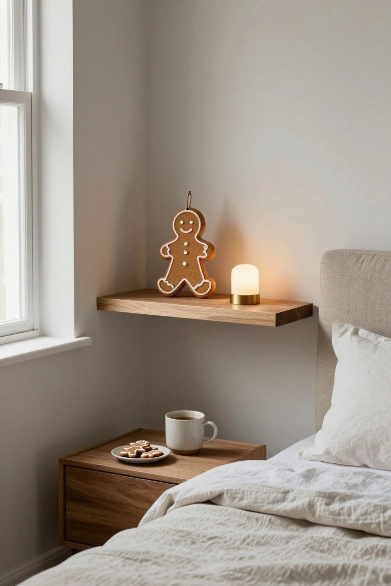 Corner of a light gray bedroom featuring a floating wooden shelf with a lit gingerbread man lamp, a bedside table holding a white mug and plate of gingerbread cookies, next to a bed with white linens and a beige headboard.
