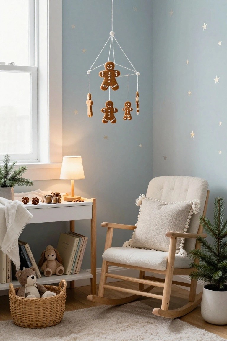 Light blue nursery corner with gingerbread cookie mobile hanging from ceiling above beige wooden rocking chair with cream pillows, white shelf holding toys books and pinecones, potted fir trees, and floor basket with stuffed animals.