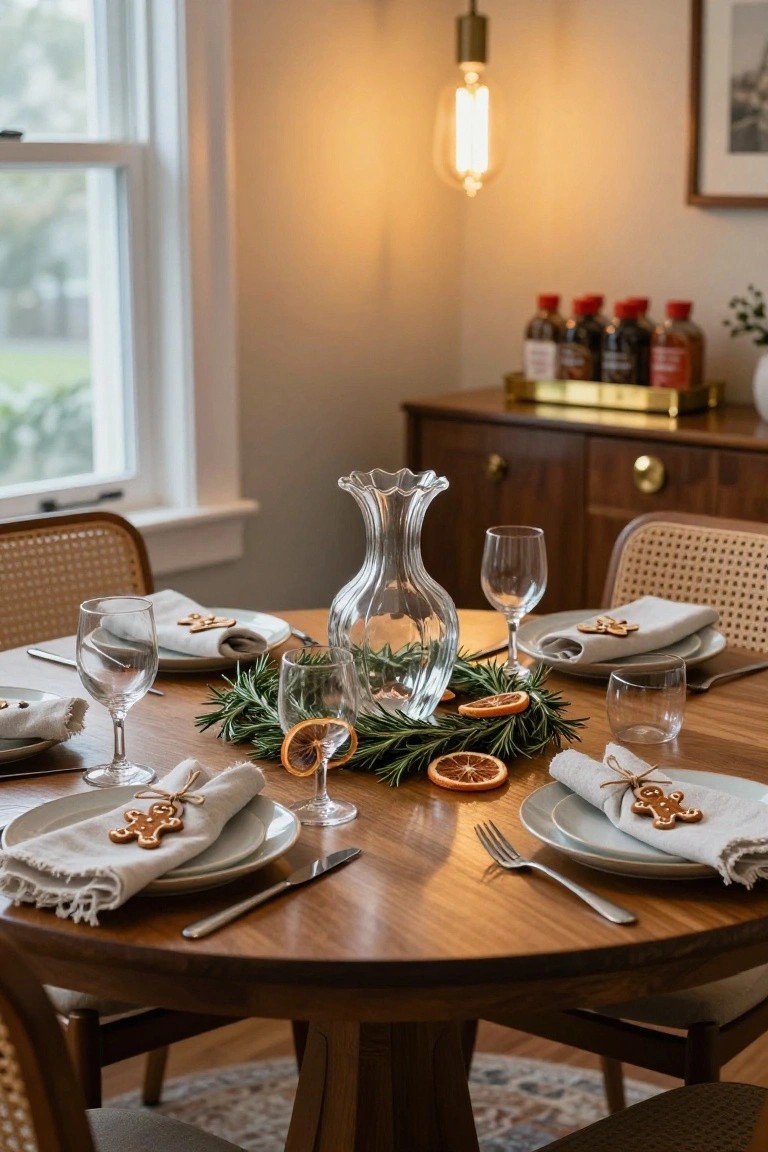 Close-up of a round wooden dining table set for four with white plates, linen napkins tied with gingerbread ornaments, wine glasses, silverware, a rosemary and orange slice garland centerpiece in a glass vase, rattan chairs, and bottles on a sideboard in a light-filled room.