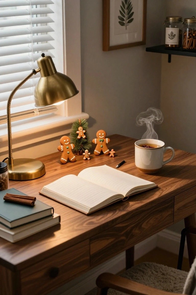 Wooden desk in a cozy room with open notebook, steaming mug of tea garnished with cinnamon, various gingerbread figures, books, gold desk lamp, and window blinds.