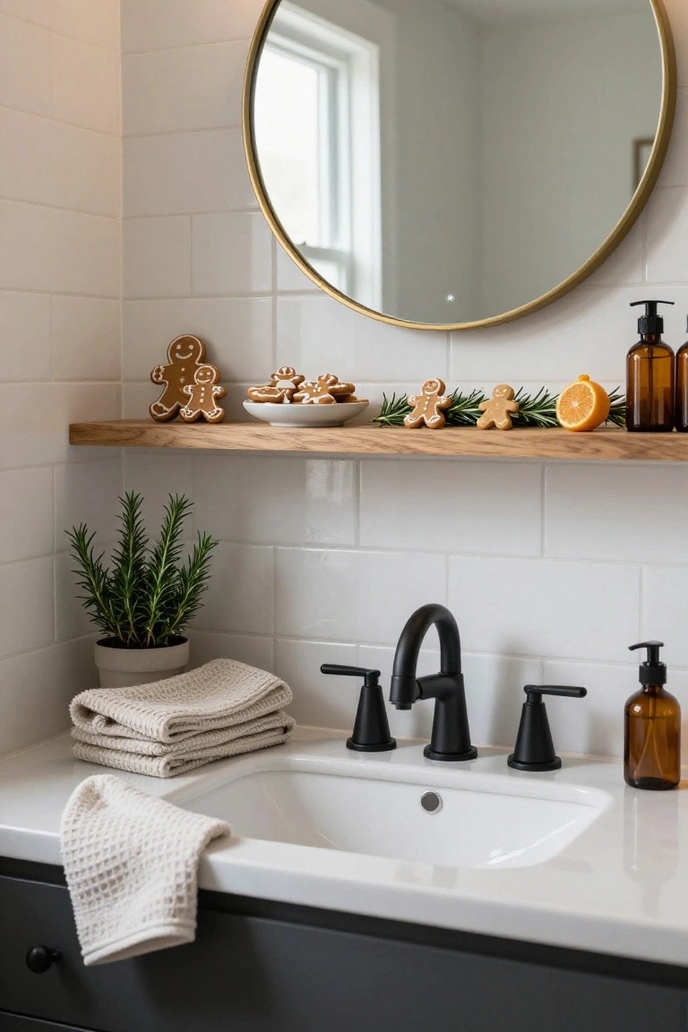 White tiled bathroom with black faucet sink, gold round mirror, stacked beige towels, and wooden shelf above holding gingerbread cookie figures, bowl of cookies, rosemary sprigs, and orange.