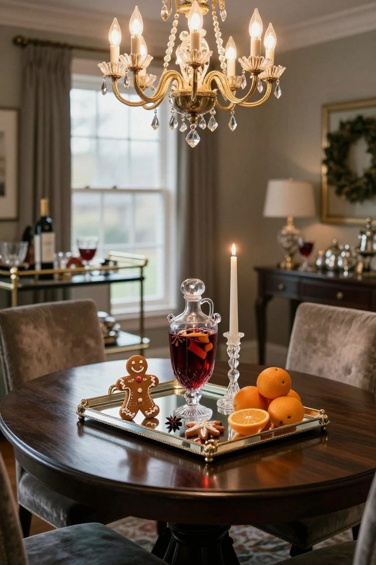 A wooden dining table in an elegant room holds a silver tray with gingerbread cookies, a glass decanter of red mulled wine garnished with orange slices and star anise, oranges, and a candle, surrounded by velvet chairs under a chandelier.