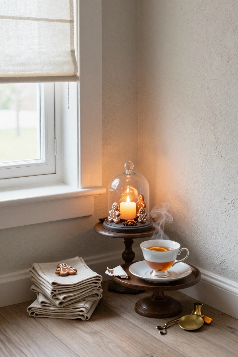 Corner of a light room with sheer window shade, glass cloche on wooden pedestal containing gingerbread cookies, candle, and spices, teacup on saucer below, stacked linen napkins with gingerbread cookie, and brass tongs on floor.