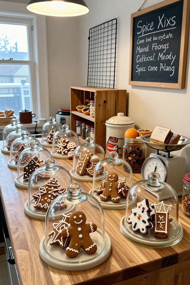 Wooden kitchen counter lined with glass cloches covering gingerbread cookies in shapes like trees, stars, and gingerbread men, next to spice jars, a scale, and a chalkboard sign listing flavors.