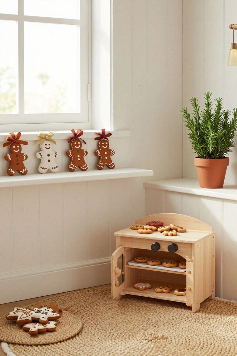 White interior room corner with wooden children's play oven on a rug, four plush gingerbread figure ornaments hanging from windowsill, rosemary plant in terracotta pot, and scattered gingerbread cookie decorations on floor.