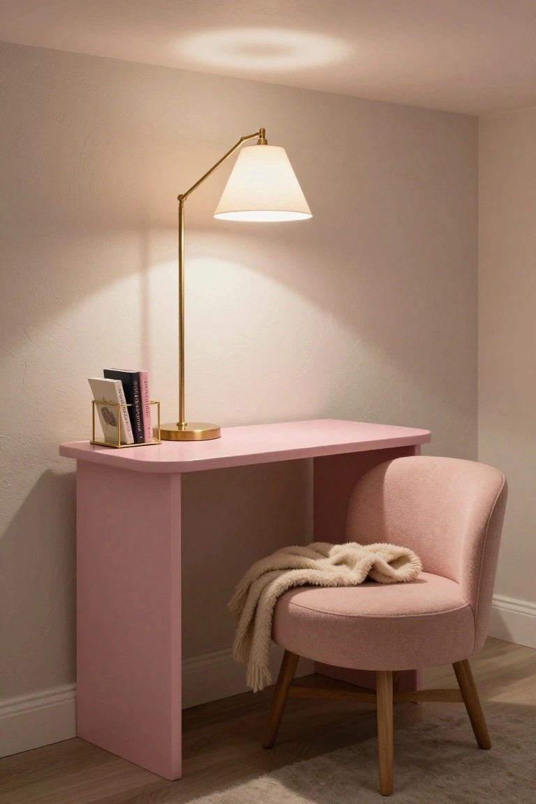 Blush pink rounded desk with gold organizer, books, and arc lamp on a gold base, beside a pink upholstered armchair with cream throw on wood legs, against a light gray wall in a room with wood flooring.