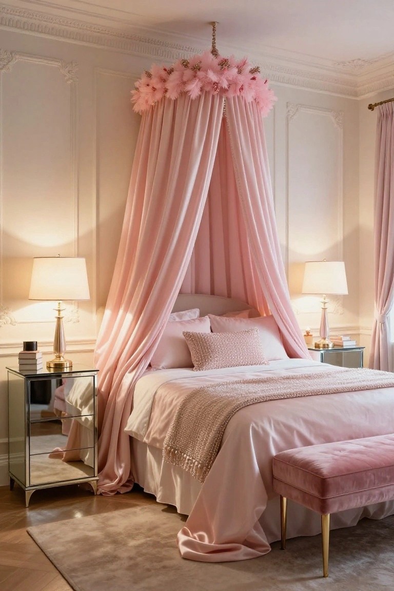 Pink fabric canopy draped over a bed in a white paneled bedroom with matching pink pillows, knit throw, gold-based lamps on mirrored nightstands, and a pink velvet bench at the foot.