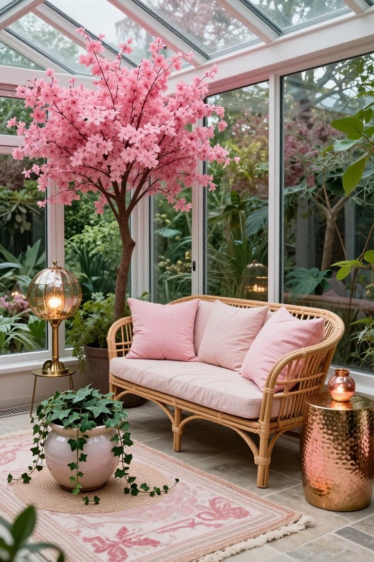 Sunroom featuring a large artificial pink cherry blossom tree next to a rattan loveseat with pink cushions, potted plants, gold lamps, and a pink rug on the floor.