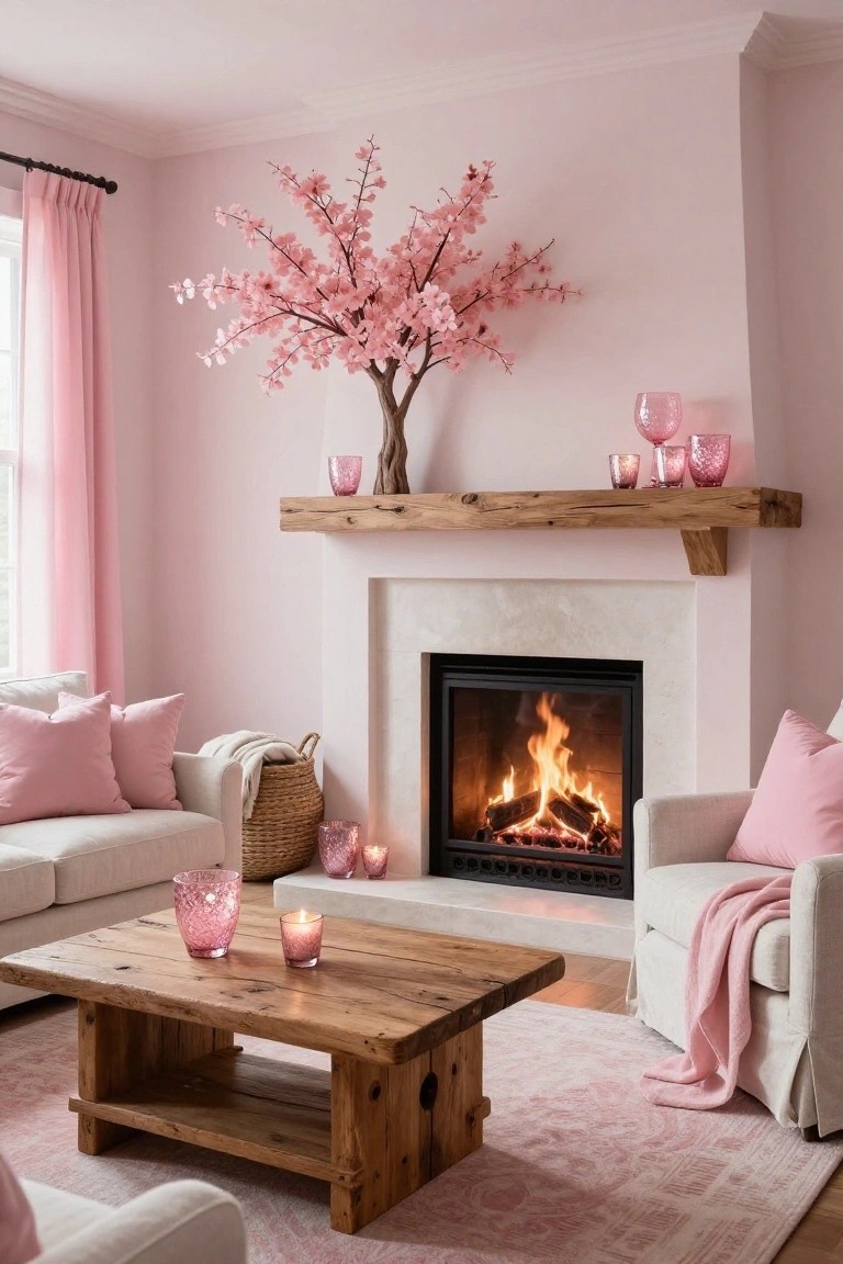 A blush pink living room with a lit gas fireplace, cream armchairs draped with a pink throw and topped with pink cushions, rustic wood coffee table holding pink glassware and candles, woven baskets, and a tall artificial pink cherry blossom tree beside the wooden mantel shelf.