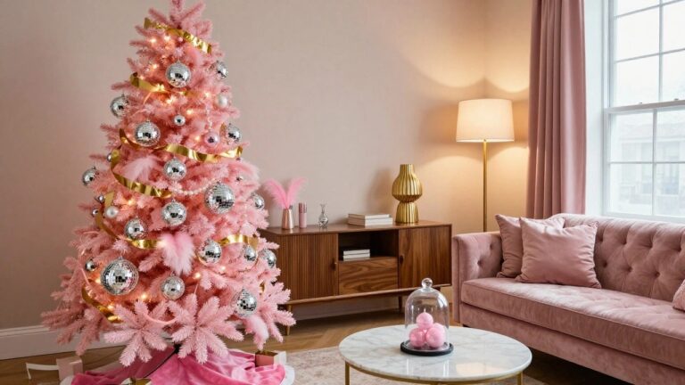 Living room with a tall artificial pink fluffy Christmas tree decorated with silver mirrored disco balls, pink feathers, gold ribbons, and string lights, next to a pink velvet sofa, gold floor lamp, wood media console, and marble coffee table under pink curtains.