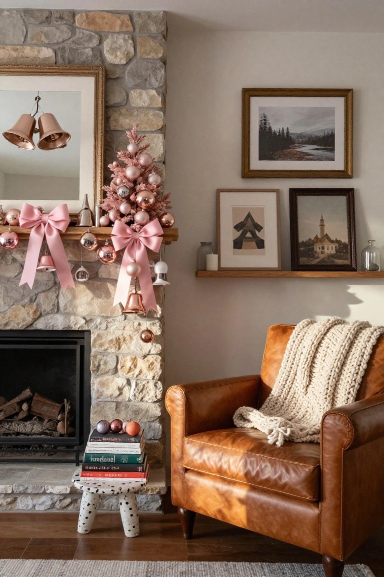 Stone fireplace mantel decorated with a small pink Christmas tree, pink satin ribbons, rose gold and pink ornaments, bells, and a small shelf displaying art and jars nearby, with a tan leather armchair and books stacked on a stool in front.
