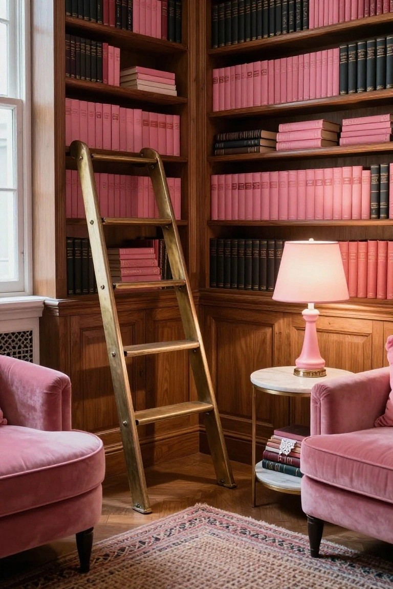 Corner of a wood-paneled library with pink books on shelves, brass rolling ladder, two pink velvet armchairs, pink lamp on marble table, and window light.