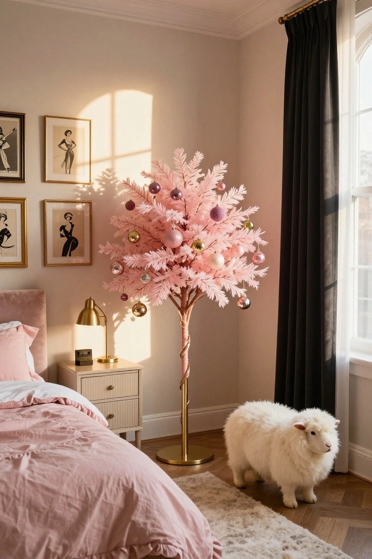 A bedroom corner with a tall pink feather Christmas tree decorated with multicolored metallic and pink ornaments, positioned beside a pink velvet bed, gold lamp on a bedside table, framed black-and-white fashion artwork on walls, and a white fluffy sheep toy on the floor.