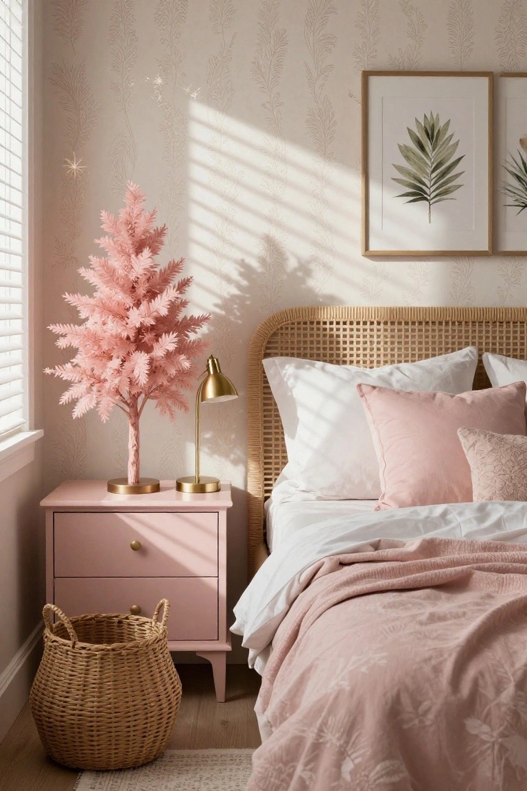 Corner of a bedroom showing a pink artificial Christmas tree on a pink nightstand next to a rattan bed with white and pink bedding, gold lamp, woven basket, and framed leaf prints on textured beige walls.