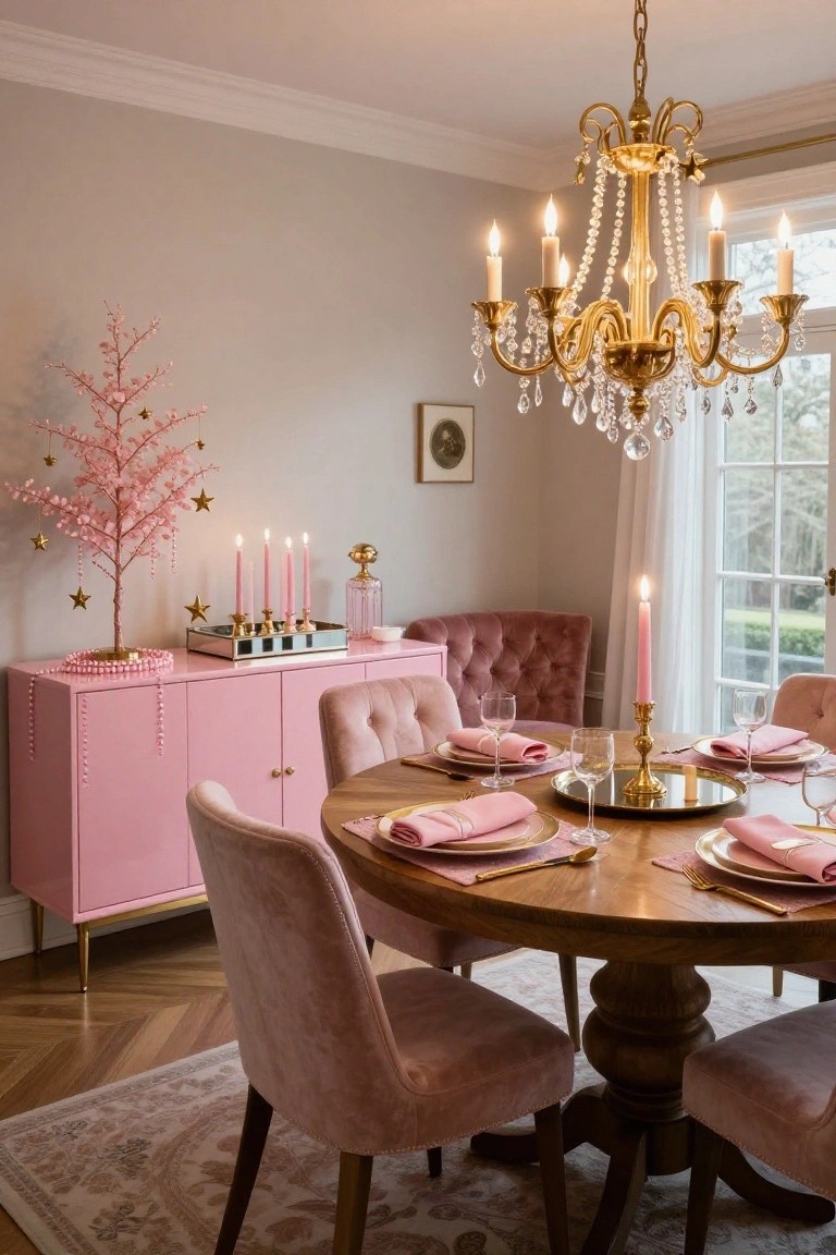 Dining room with a small pink Christmas tree beside a pink credenza, pink velvet chairs around a round wooden table set with pink napkins and gold-accented dishes, gold chandelier above, and lit candles.