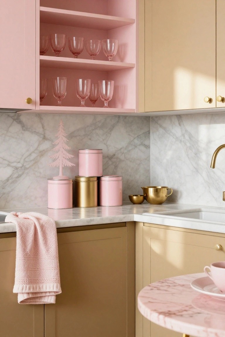 Kitchen interior featuring pink upper cabinets with glassware, beige lower cabinets, white marble counters and backsplash, gold sink and accessories, stacked pink and gold canisters with a small pink Christmas tree on the counter, and a pink towel draped over the edge.