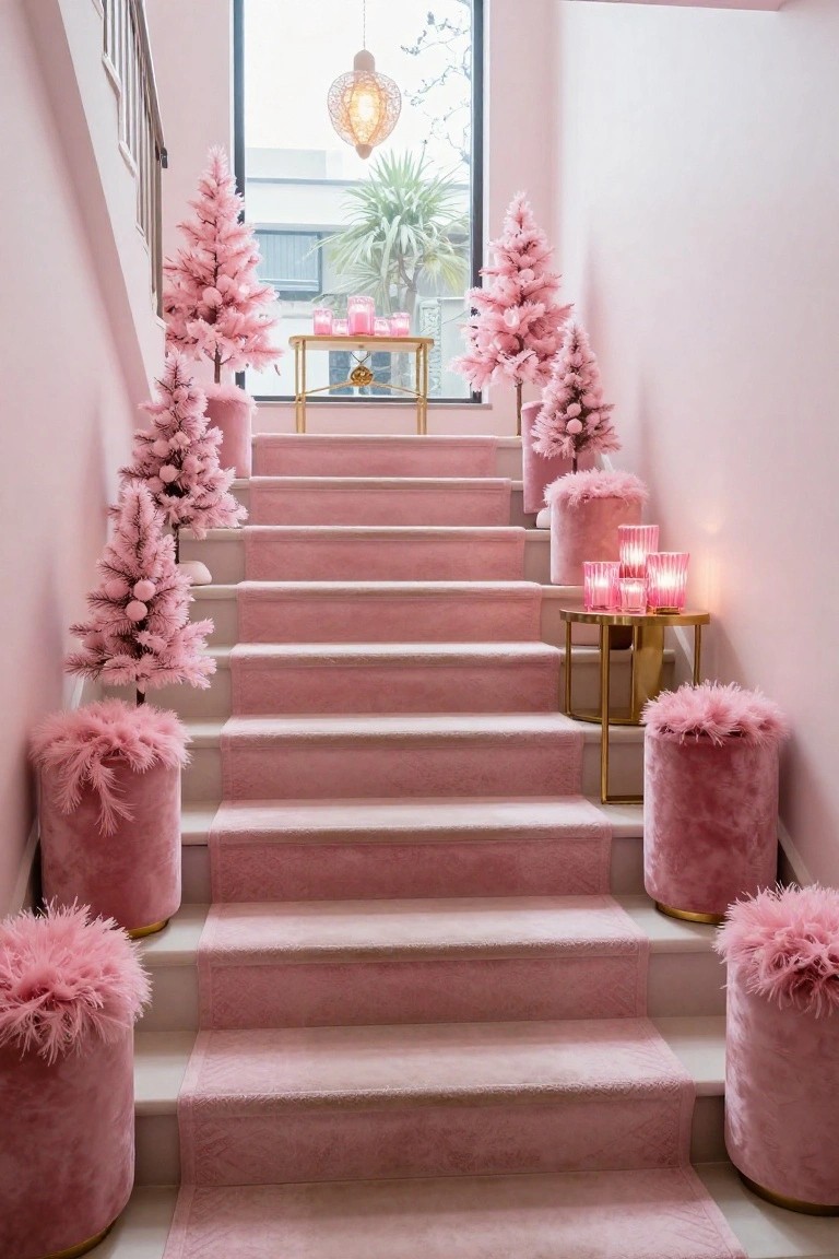 Pink-carpeted indoor staircase flanked by small pink artificial Christmas trees, fluffy pink poufs on gold stands, gold tables with pink candles, and a large window with plants outside.