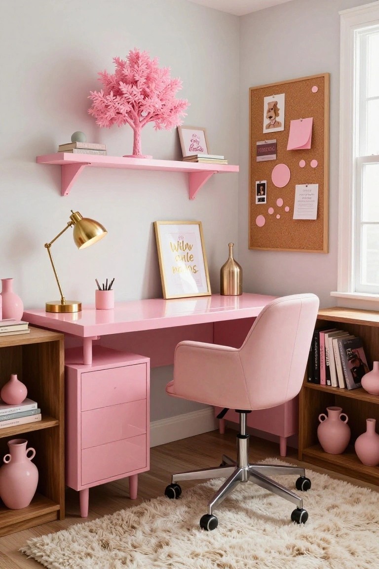 Home office corner with glossy pink desk, pink swivel chair on casters, gold arched desk lamp, pink vase and accessories, wood bookshelves, pink shelf with artificial pink tree, and cork bulletin board against light gray walls.
