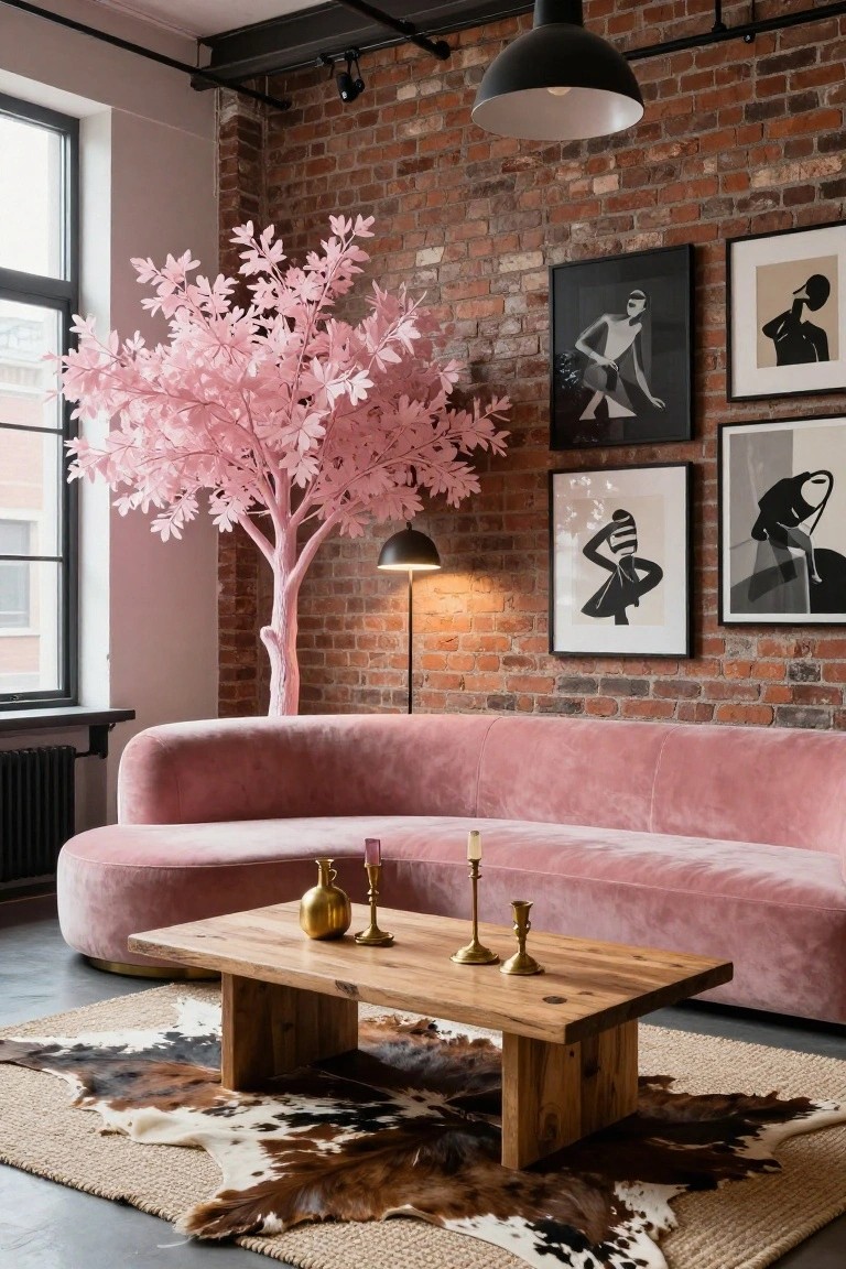 Modern living room corner featuring a tall pink artificial cherry blossom tree next to a curved pink velvet sofa, wooden coffee table with brass candlesticks, cowhide rug, exposed brick walls, and framed black-and-white artwork.