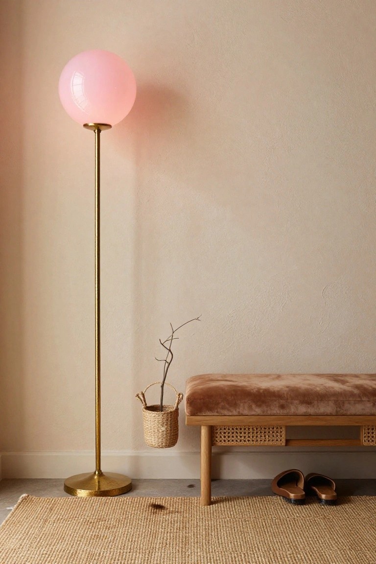 Tall brass floor lamp with large translucent pink globe shade next to brown velvet bench with rattan shelf, woven basket with branch hanging from lamp stand, brown shoes on seagrass rug against beige wall and floor.