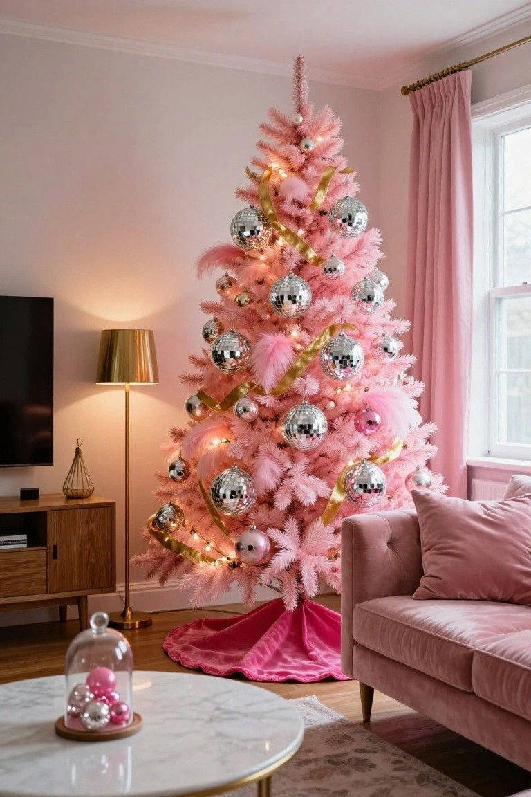 Living room with a tall artificial pink fluffy Christmas tree decorated with silver mirrored disco balls, pink feathers, gold ribbons, and string lights, next to a pink velvet sofa, gold floor lamp, wood media console, and marble coffee table under pink curtains.