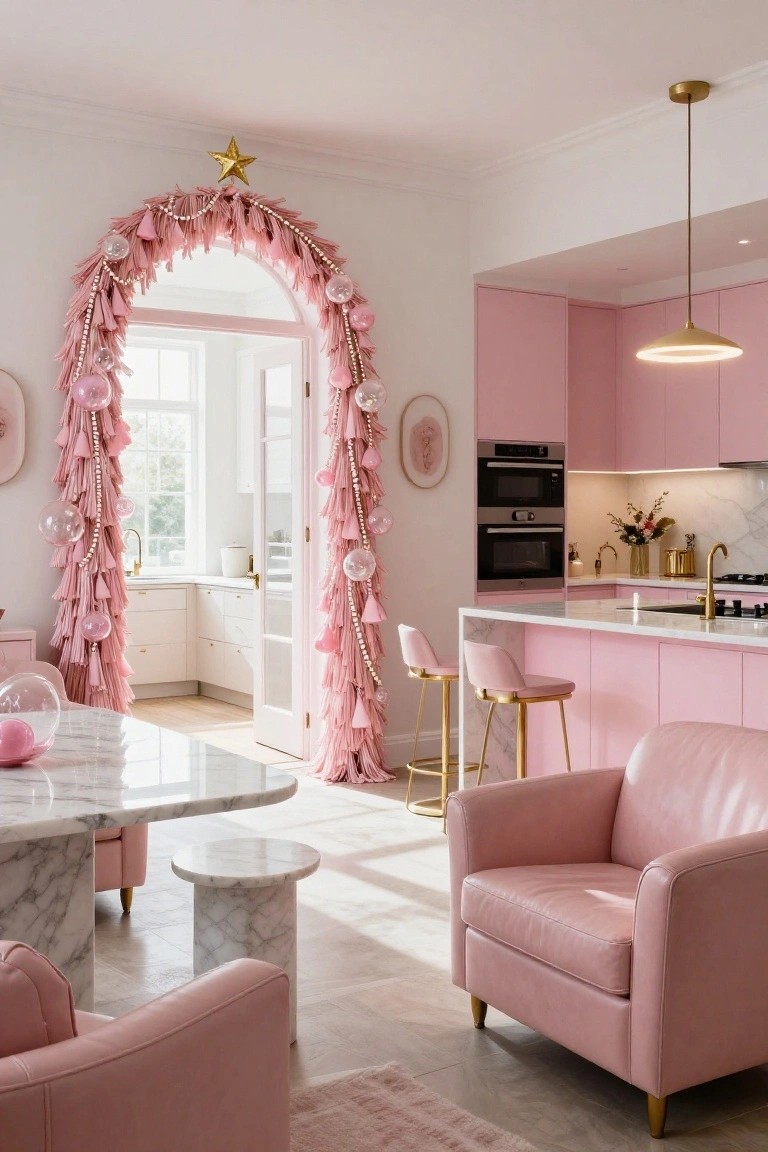 Pink kitchen and living area with white marble table and stools, pink upholstered furniture, and a tall arch of pink tassel fringe, beads, and balloons over open pink French doors topped with a gold star.