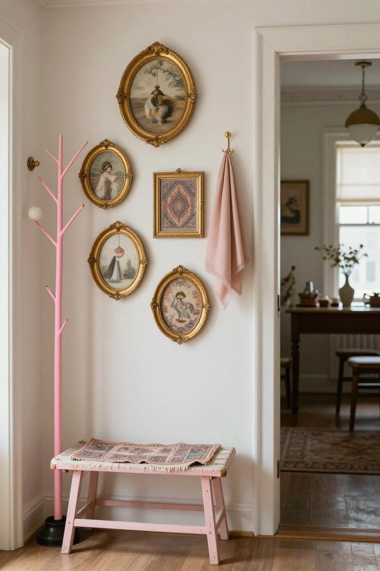 Corner of an interior room with white walls displaying several gold-framed oval portraits, a tall pink tree-shaped coat rack with a white bulb on top, pink towels hanging from hooks, and a pink bench topped with a patterned fabric cushion, viewed from a doorway into an adjacent room.