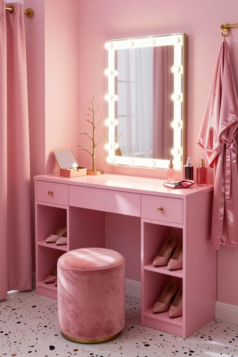 Pink vanity desk with LED-lit mirror, gold-handled drawers, pink velvet pouf stool, high heel shoes on shelves, perfume bottles, and pink robe in a matching pink-walled room.