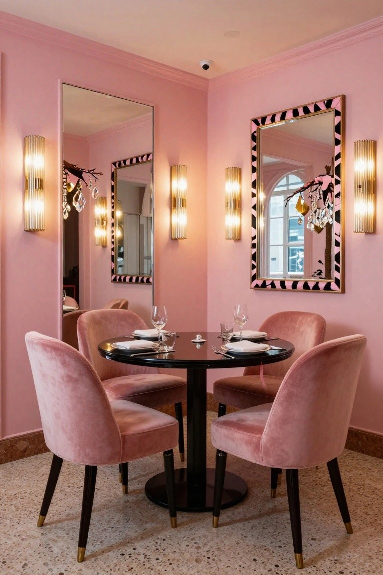 Corner dining area in a pink room with four pink velvet chairs around a round black table set with white plates, glasses, and silverware, flanked by large mirrors and gold wall lamps.
