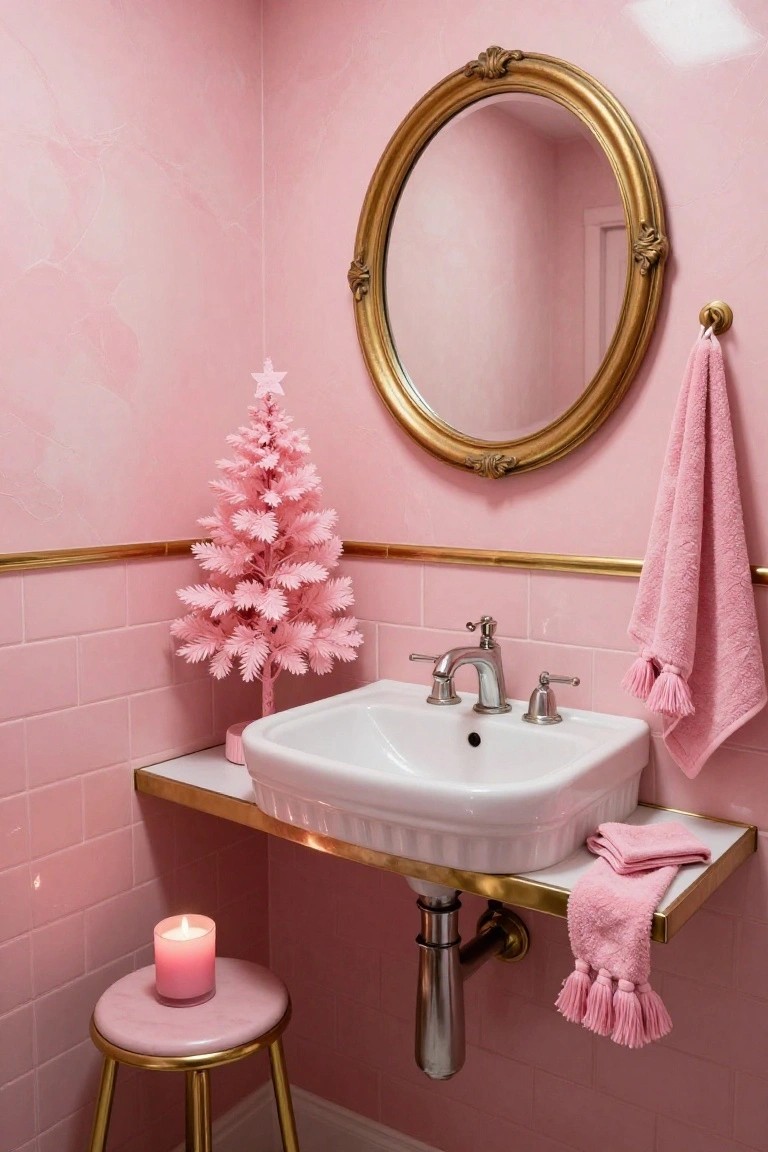 Pink bathroom with small pink artificial Christmas tree next to white sink on gold shelf, gold-framed round mirror, pink towels, and pink candle on gold stool.