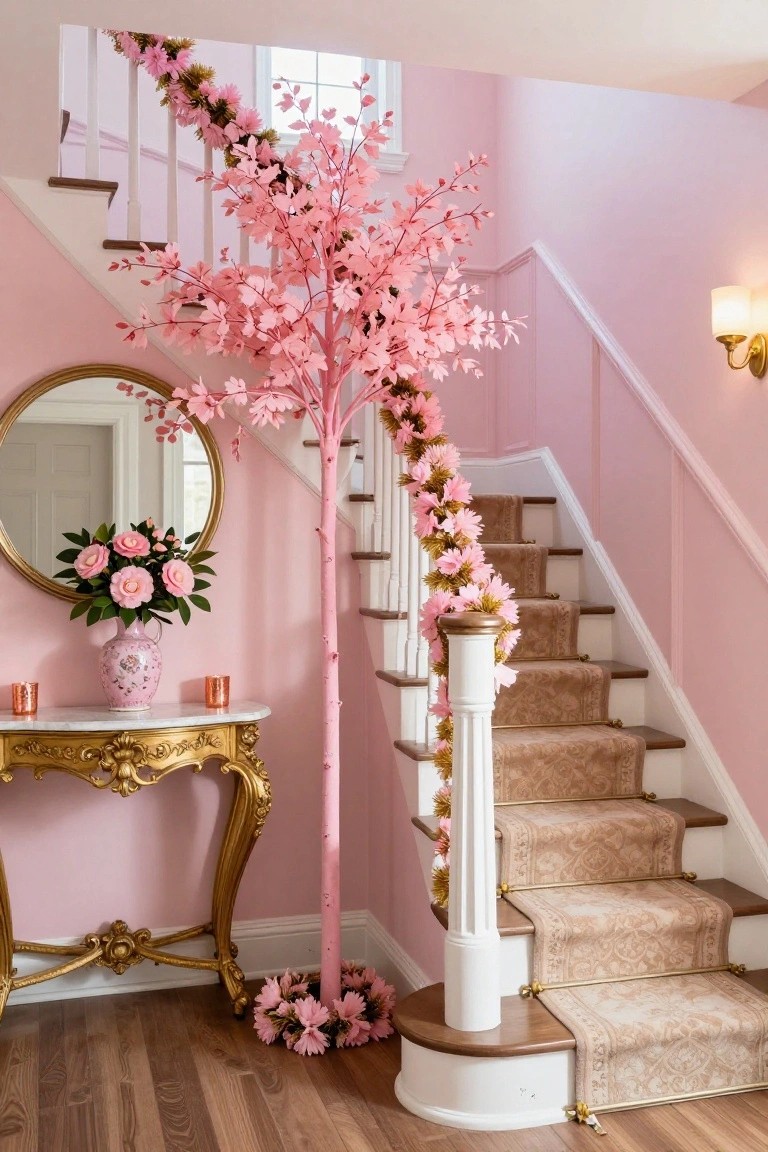 Tall artificial pink cherry blossom tree at the base of a carpeted staircase in a pink room, with pink and gold garlands on the railing and a gold console table holding a pink vase of flowers nearby.