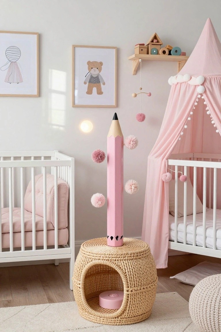 Nursery with two white cribs side by side, pink fabric tent canopy over one crib decorated with pom poms, tall pink pencil-shaped lamp on woven rattan stool base, bear artwork on walls, and scattered toys on shelves.