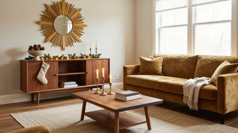 25 Gold Christmas Decor Ideas That Bring Warm Glow to Every Corner Living room corner with white fireplace mantel holding Christmas garland, stockings, metallic pinecones in a bowl, gold candelabras with candles, wooden coffee table with books, yellow velvet sofa with pillows and throw, large gold sunburst mirror on the wall beside a window and lamp.