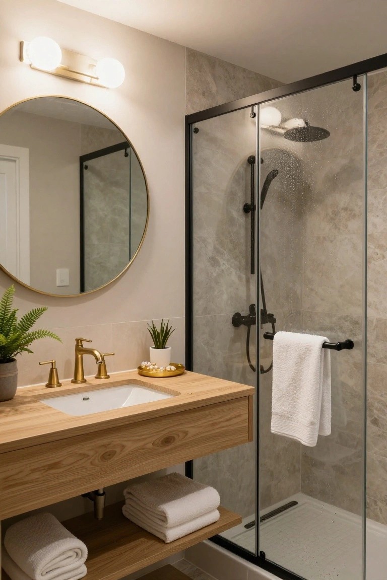 Modern bathroom with floating wooden vanity, gold faucet and handles, large round gold-framed mirror, potted ferns, white towels, and glass shower enclosure with black fixtures and rainfall showerhead.