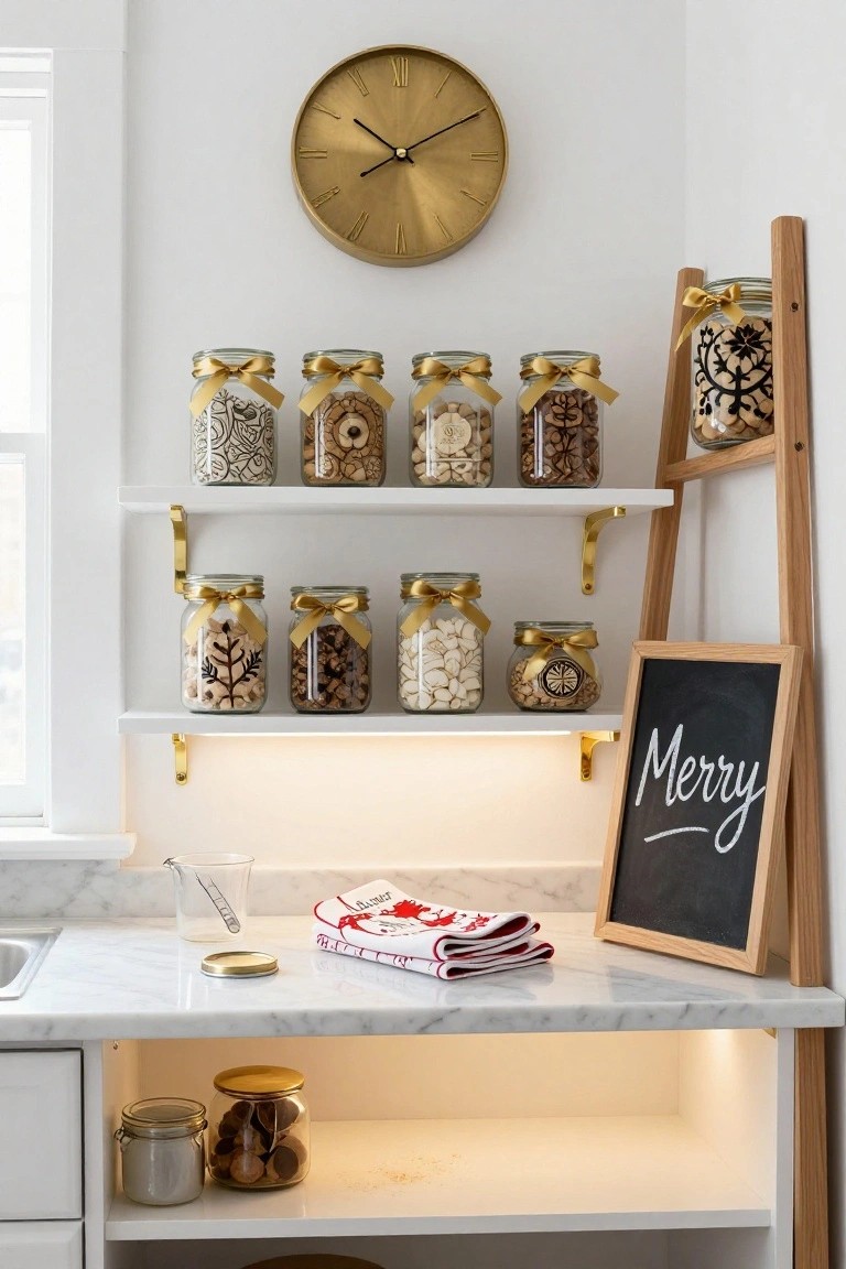 White open shelves with gold brackets in a kitchen displaying glass jars of nuts tied with gold ribbons, a gold wall clock, wooden ladder shelf, marble countertop, and chalkboard sign reading Merry.