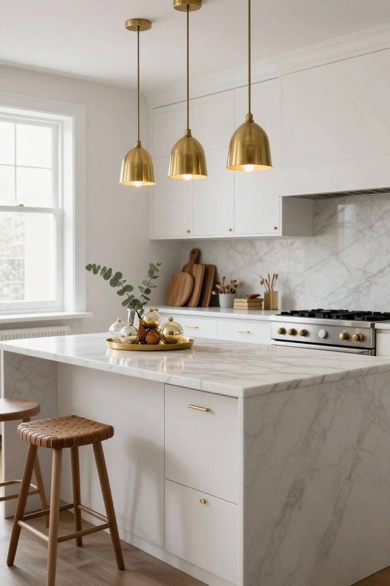 White modern kitchen featuring three gold pendant lights over a marble island with a gold tray of Christmas ornaments and eucalyptus, wooden stools, and marble backsplash.