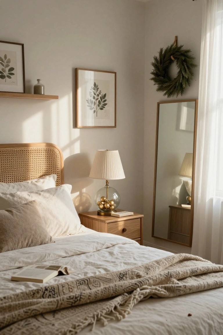 Bedroom with rattan headboard bed draped in white linens and a textured throw, wooden nightstand holding a glass lamp base filled with gold baubles and a lamp shade, full-length wood-framed mirror, botanical art prints, floating shelf with vase, green wreath on wall near window with sheer curtains.