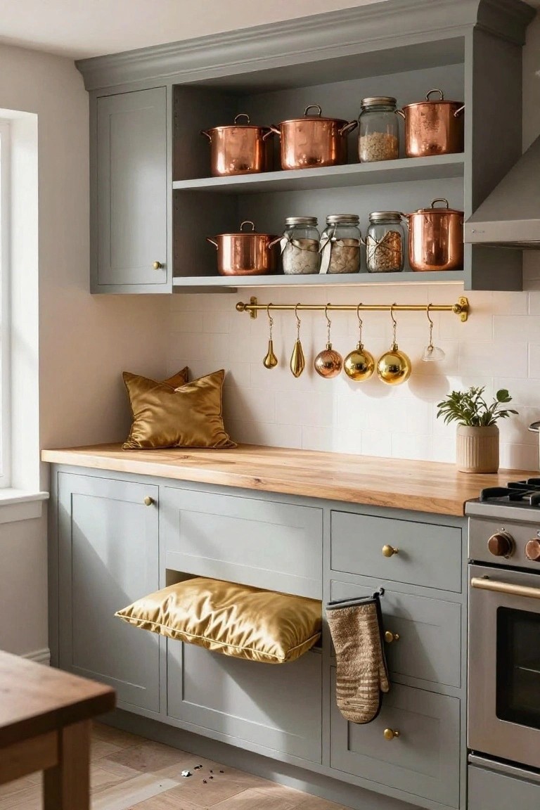 Gray Shaker-style kitchen cabinets with open shelves holding copper pots and glass jars, brass pot rail hanging gold Christmas baubles, bells, utensils, wooden countertop, and stainless oven.