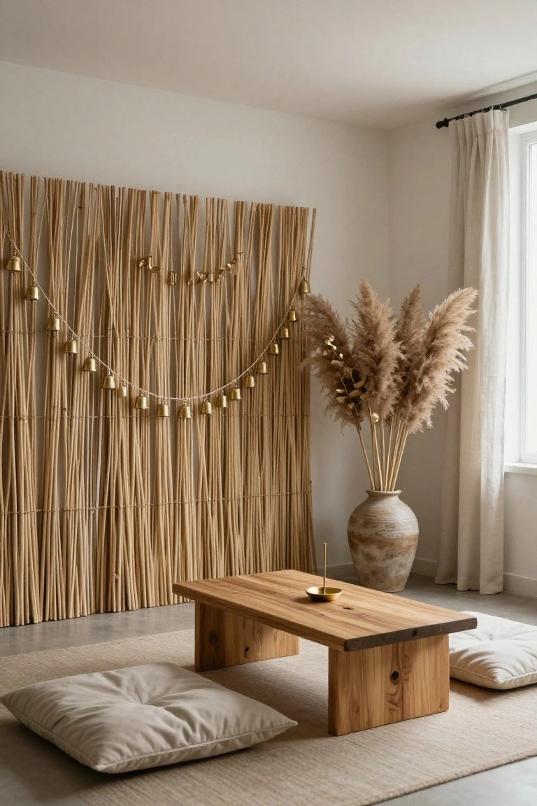 Indoor seating area with low wooden table, floor cushions, bamboo wall screen decorated with gold bell garland, pampas grass in terracotta vase, gold incense holder on table, and sheer curtains at window.