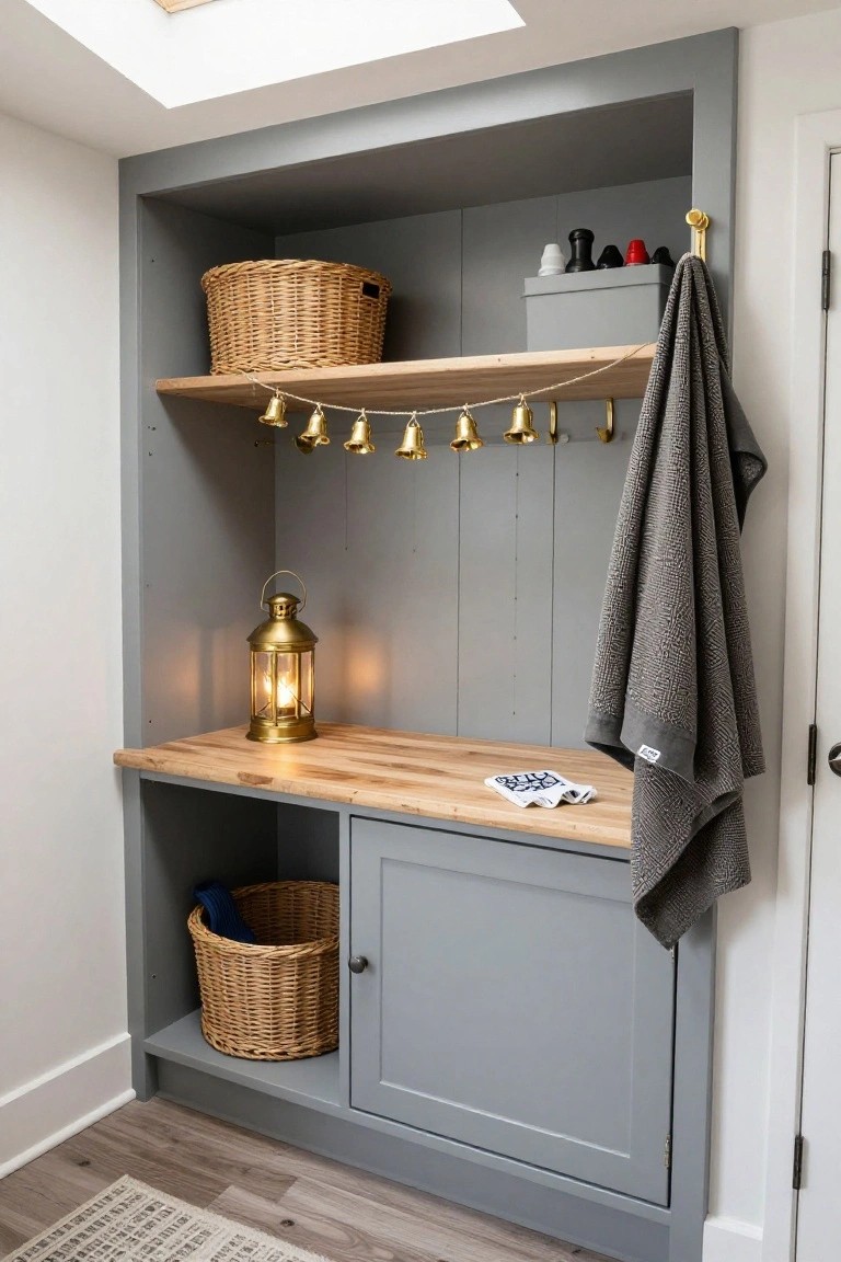 Gray built-in cabinet with open upper shelves holding wicker baskets and a garland of gold bells from hooks, wood countertop with brass lantern and blue towel, lower cabinet door with wicker basket inside, gray towel hanging from hook, skylight above.