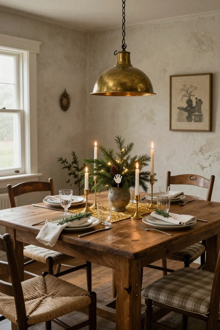 Rustic wooden dining table set for Christmas with gold candlesticks holding white taper candles, a gold metallic runner, fir branches in a gray pot, white plates with rosemary garnishes, and wooden chairs in a beige-walled room.