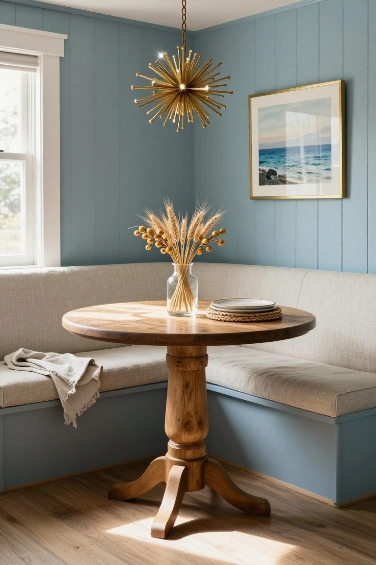 Blue shiplap-walled corner booth with beige cushions, round wooden pedestal table holding stacked plates on seagrass mats and a glass vase of wheat stalks, gold starburst chandelier overhead, ocean painting on wall, hardwood floor.