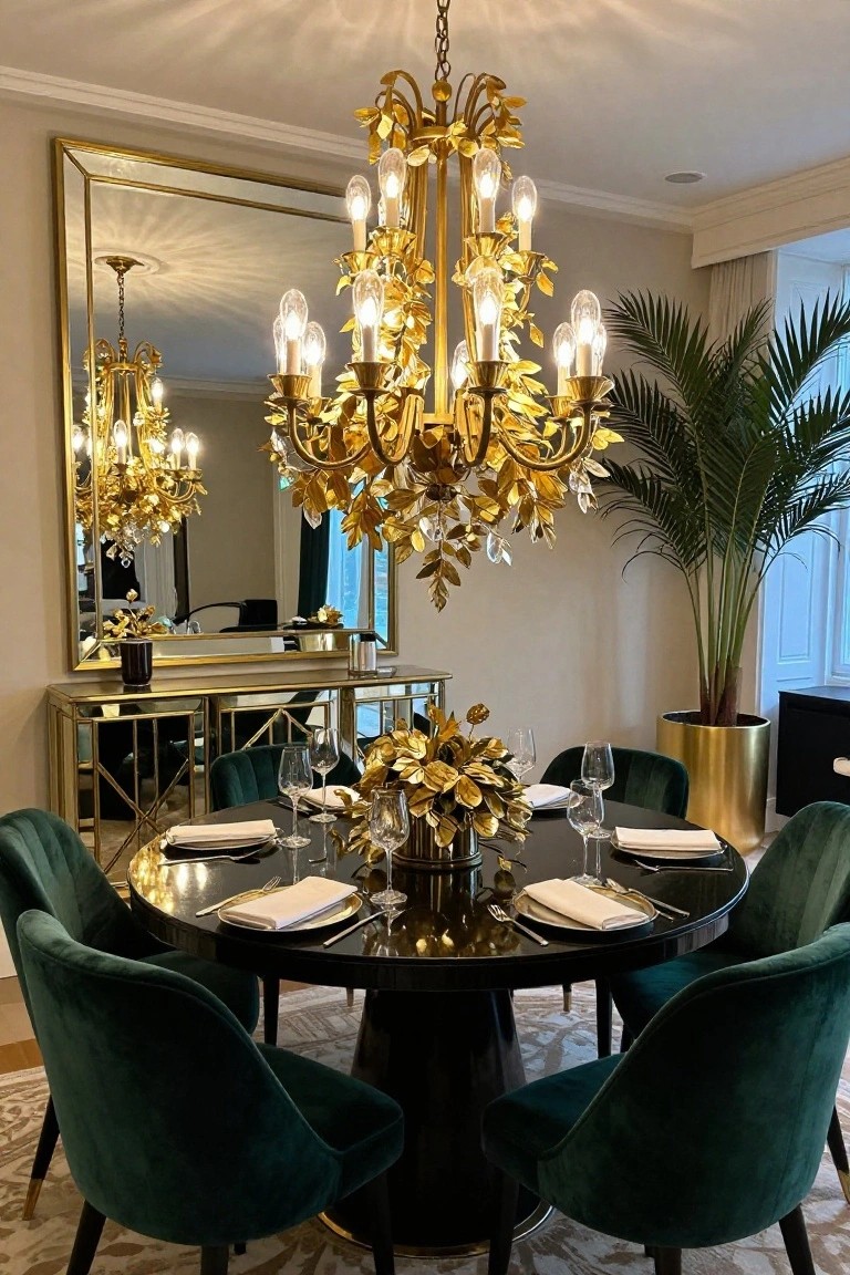 Dining room with large ornate gold leaf chandelier hanging over black round table set with white plates and wine glasses, surrounded by green velvet chairs, gold console tables, mirror, and potted palm plant.