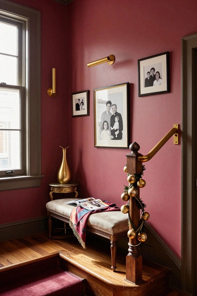 Corner of a maroon interior room featuring a wooden staircase with gold Christmas ornaments and greenery wrapped around the brass-railed banister and newel post, a gold bench nearby, and framed family photos on the walls.