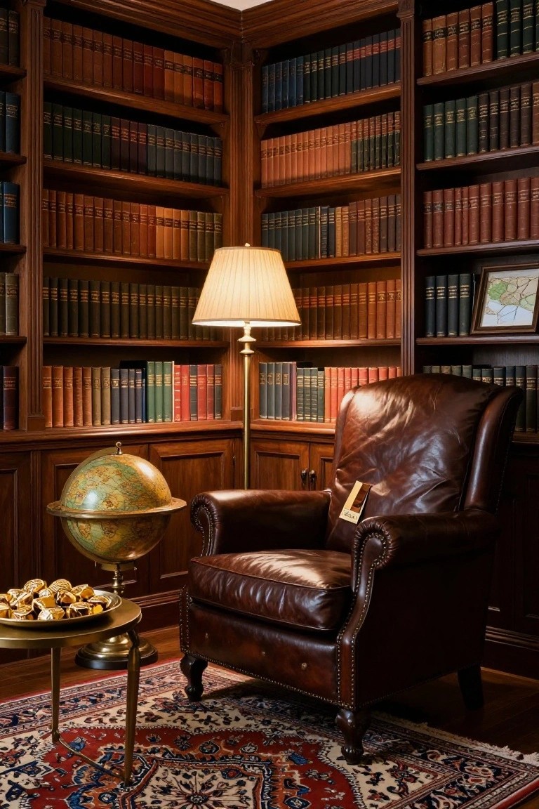 Wood-paneled library corner with bookshelves full of leather-bound books, brown leather armchair with tag, brass globe on wood stand, tall floor lamp, Persian rug, small brass table holding tray of gold-wrapped chocolates.